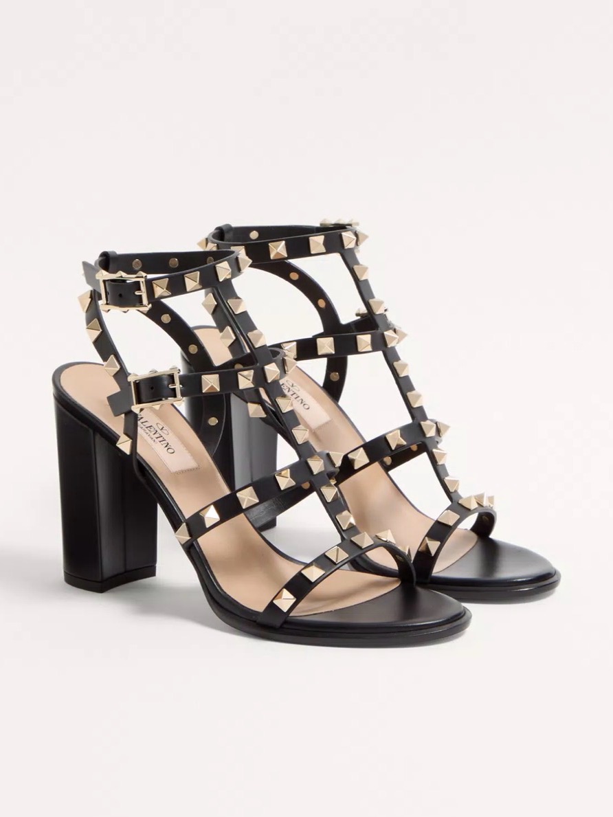 Valentino Black Leather Pyramid-Stud Strappy Sandals